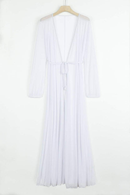 Women'S Sexy Thin Mesh Long Sleeve Tie Front Swimsuit Swim Beach Maxi Cover up Dress