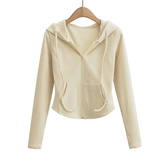 Streetwear Hooded Pockets Sweatshirt Women Casual Solid Sports Long Sleeve Hoodies Woman Autumn Slim Zipper Cropped Coat