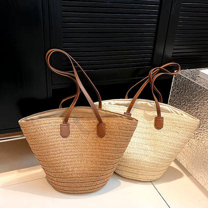 Women'S Large Capacity Shoulder Bag Summer Straw Woven Basket Handbag Fashion Female Luxury Designer Beach Bag Bali Shopper Tote