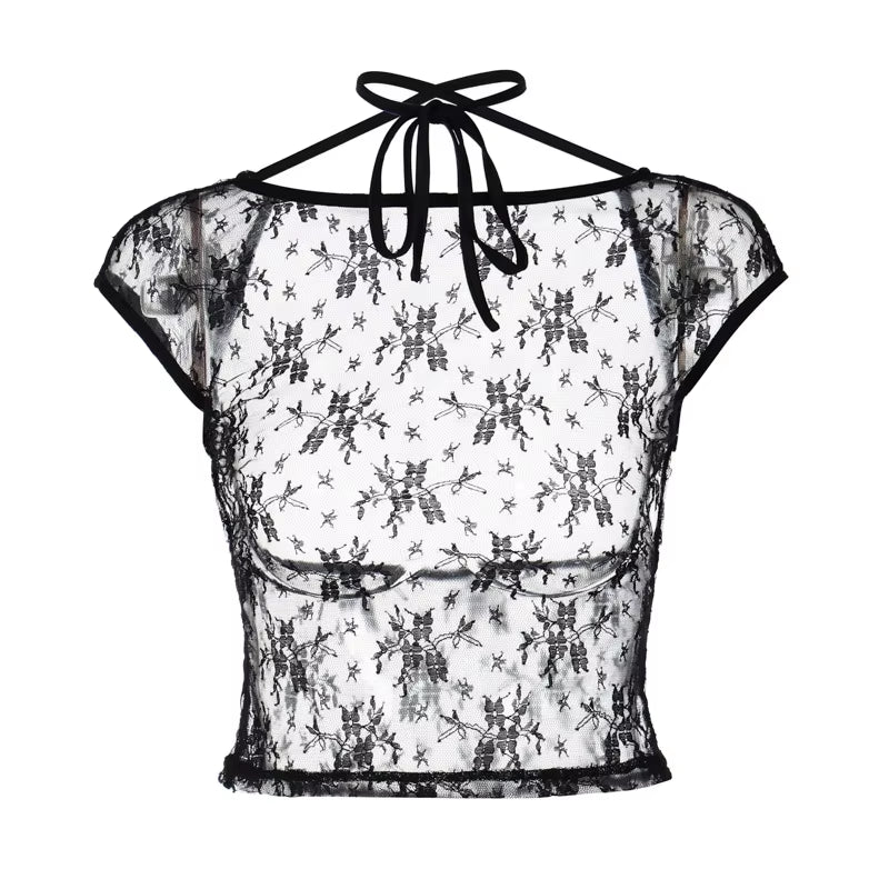 New-Style Spicy Girl Style Sexy Lace Backless Necktie Crop Top T-Shirt,Street Sexy Cut-Out Lace Top Sexy Club Clothes
