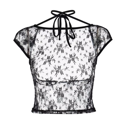 New-Style Spicy Girl Style Sexy Lace Backless Necktie Crop Top T-Shirt,Street Sexy Cut-Out Lace Top Sexy Club Clothes