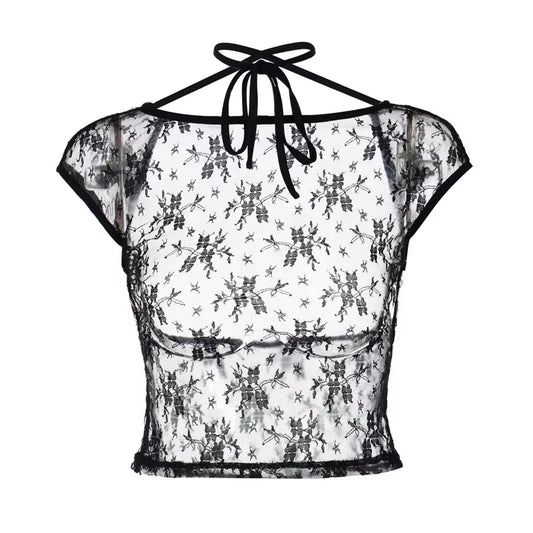 New-Style Spicy Girl Style Sexy Lace Backless Necktie Crop Top T-Shirt,Street Sexy Cut-Out Lace Top Sexy Club Clothes