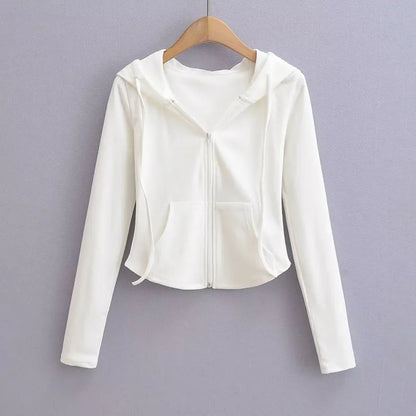 Streetwear Hooded Pockets Sweatshirt Women Casual Solid Sports Long Sleeve Hoodies Woman Autumn Slim Zipper Cropped Coat