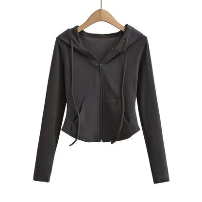 Streetwear Hooded Pockets Sweatshirt Women Casual Solid Sports Long Sleeve Hoodies Woman Autumn Slim Zipper Cropped Coat