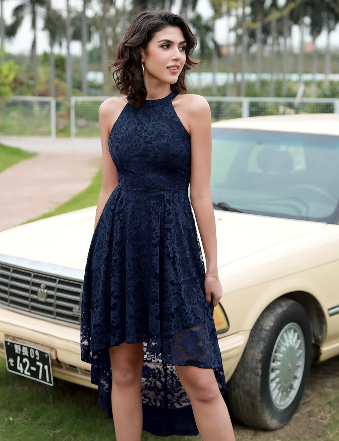 Women'S Halter Floral Lace Cocktail Party Dress Hi-Lo Bridesmaid Dress