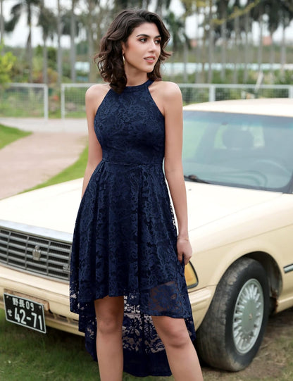 Women'S Halter Floral Lace Cocktail Party Dress Hi-Lo Bridesmaid Dress