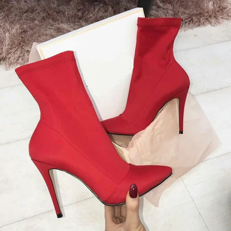 2023 Women Fetish Silk Sock Boots 11.5Cm High Heels Stretch Fashion Heels Peach Ankle Boots Peach Rose Red plus Size 43 Shoes